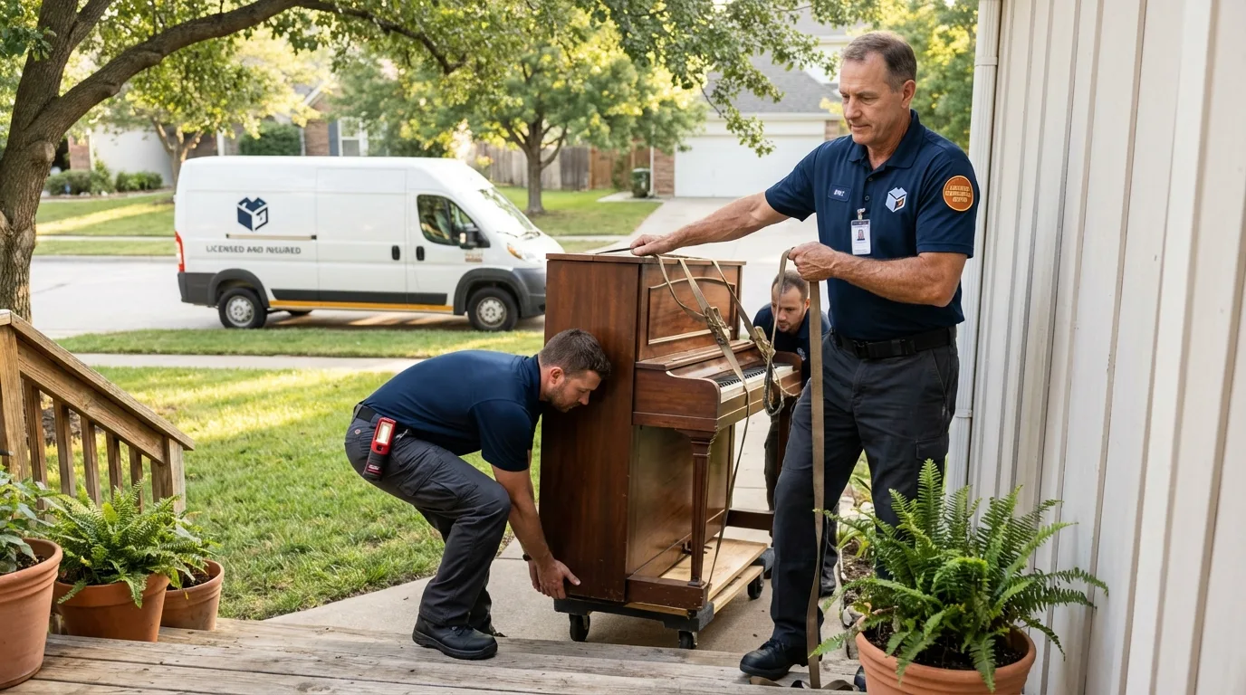 Licensed piano movers securing grand piano in Vista, CA