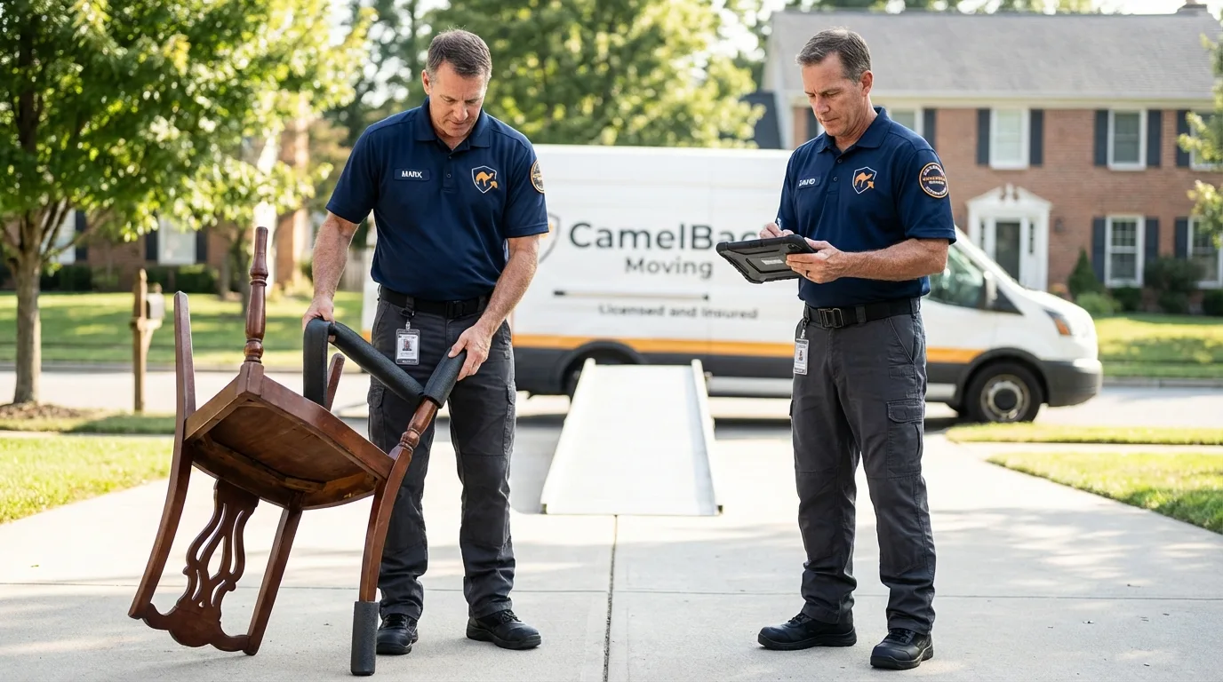 Movers inspecting furniture for damage prevention before loading in Vista, CA