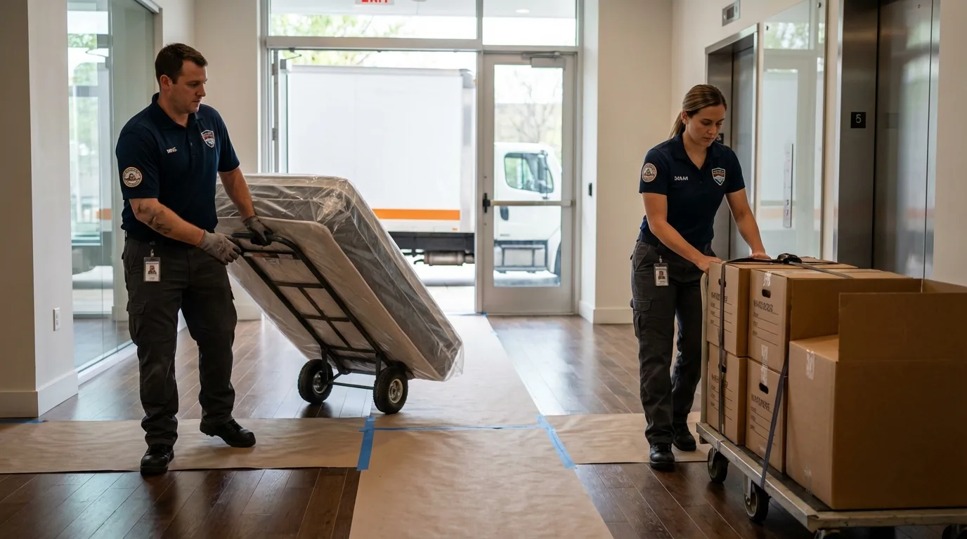 Professional apartment movers loading elevator in Vista, CA